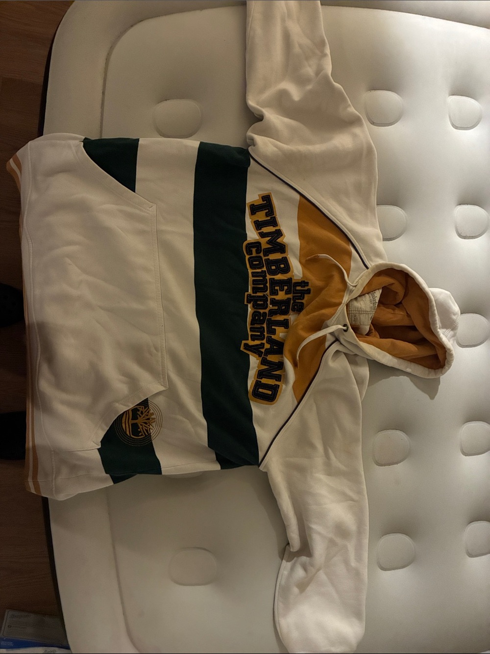 Timberland Company Striped Pullover Hoodie in White, Green & Gold vintage